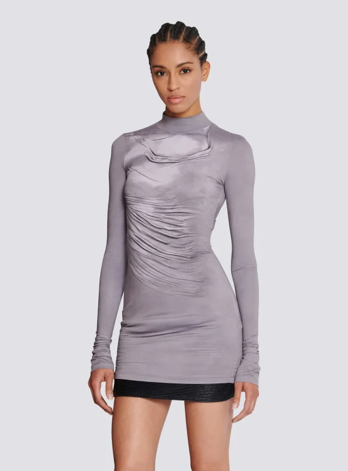 Long-sleeve high-neck draped print trompe-l’œil t-shirt