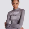 Long-sleeve high-neck draped print trompe-l’œil t-shirt