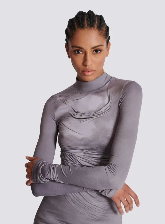 Long-sleeve high-neck draped print trompe-l’œil t-shirt