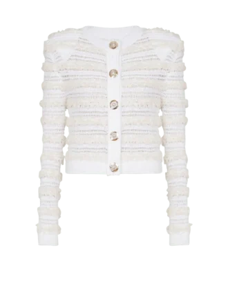Long-sleeved tweed-effect knit cardigan