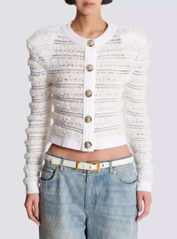 Long-sleeved tweed-effect knit cardigan Long-sleeved tweed-effect knit cardigan