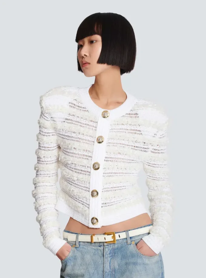 Long-sleeved tweed-effect knit cardigan Long-sleeved tweed-effect knit cardigan