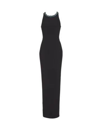 Long sleeveless dress in embroidered velvet