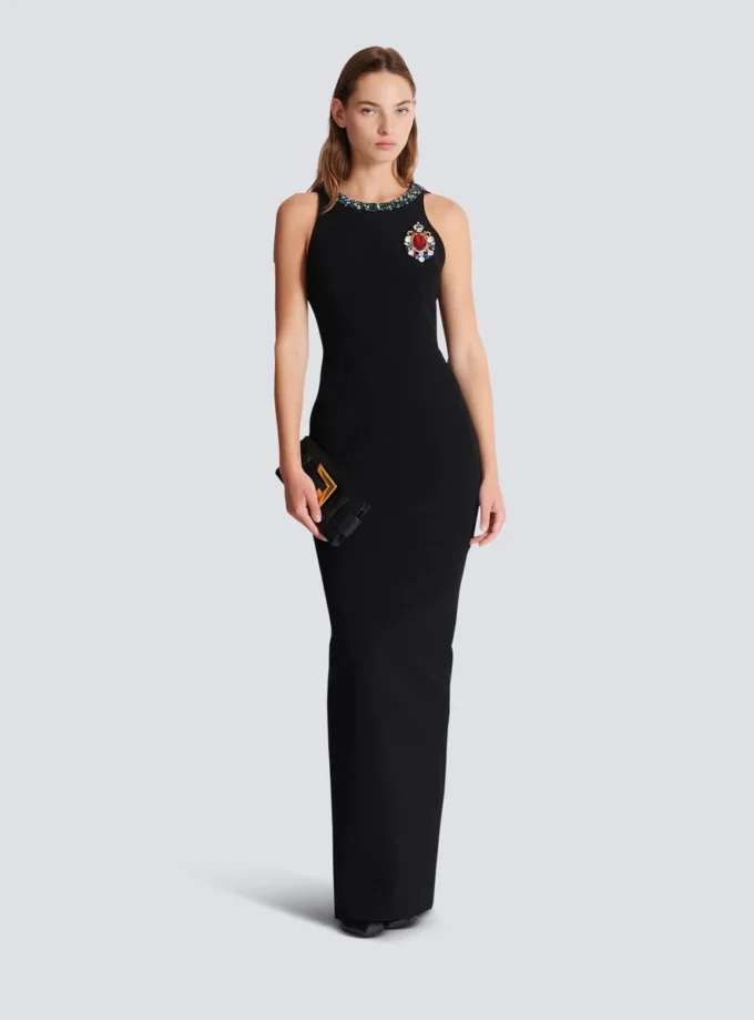 Long sleeveless dress in embroidered velvet Long sleeveless dress in embroidered velvet