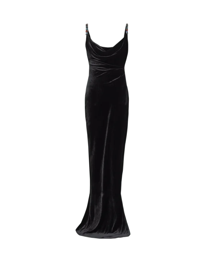 Long velvet dress with embellished straps Long velvet dress with embellished straps
