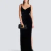 Long velvet dress with embellished straps Long velvet dress with embellished straps