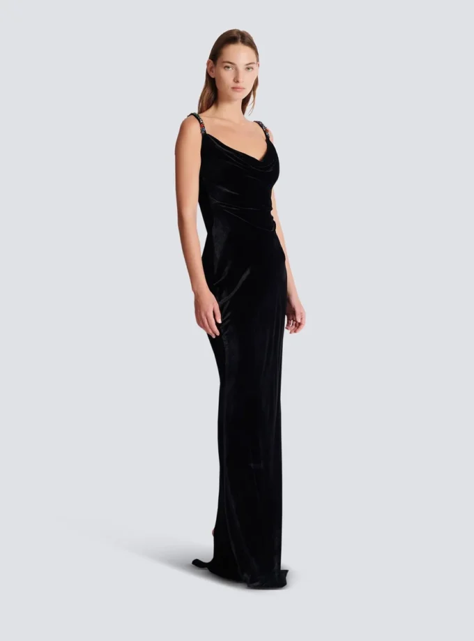 Long velvet dress with embellished straps Long velvet dress with embellished straps