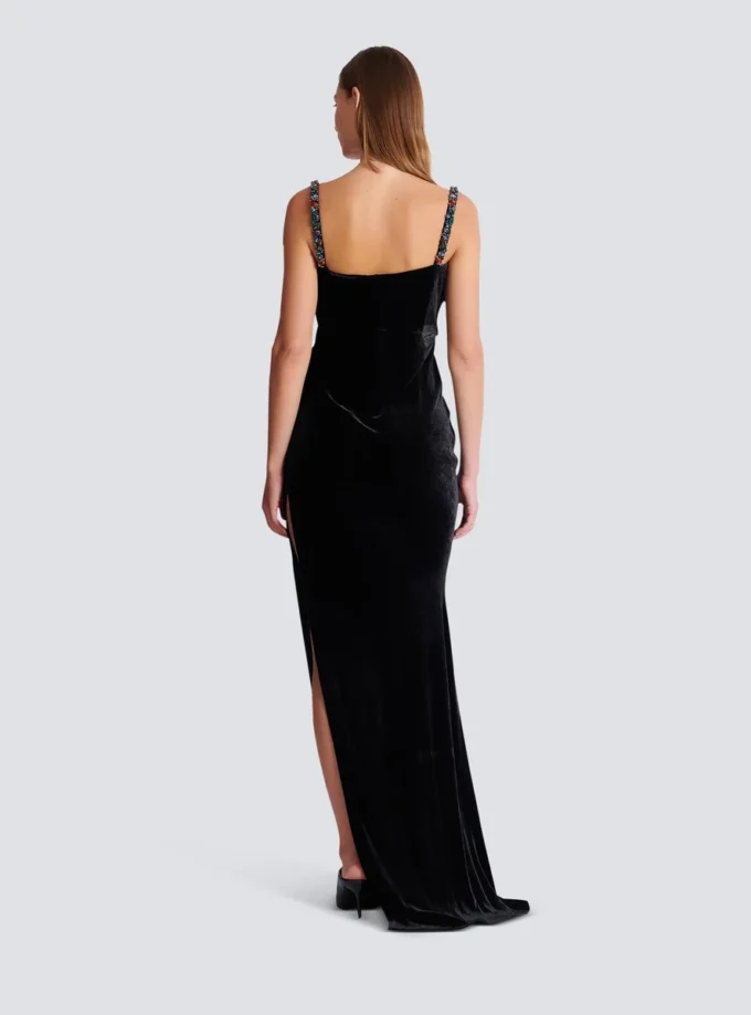 Long velvet dress with embellished straps Long velvet dress with embellished straps