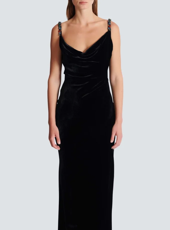 Long velvet dress with embellished straps Long velvet dress with embellished straps
