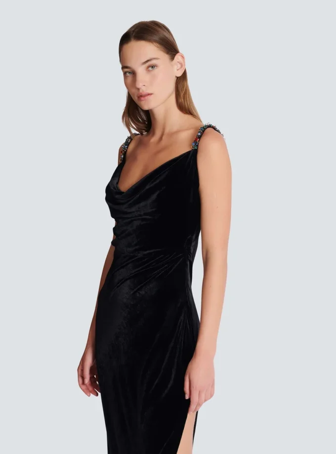 Long velvet dress with embellished straps Long velvet dress with embellished straps