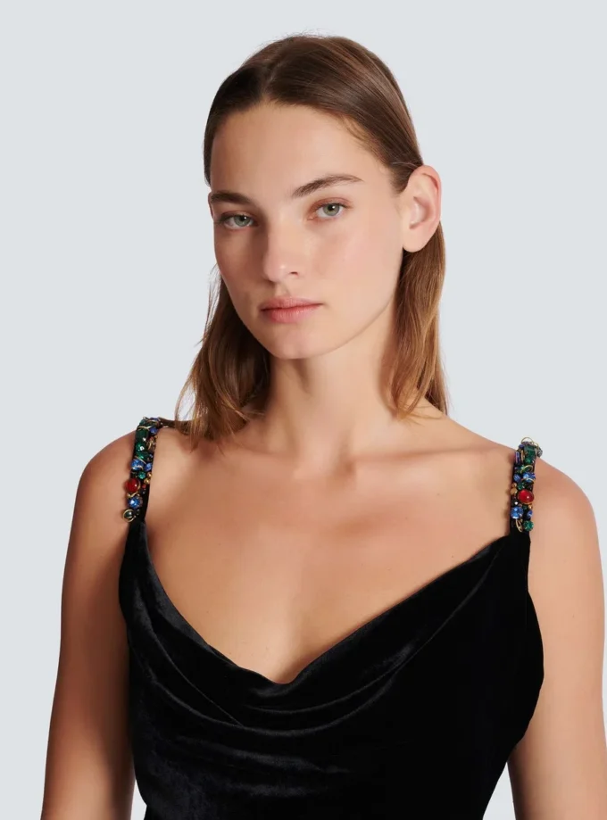 Long velvet dress with embellished straps Long velvet dress with embellished straps