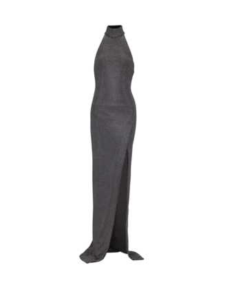 Long velvet halterneck dress with rhinestones
