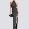 Long velvet halterneck dress with rhinestones Long velvet halterneck dress with rhinestones