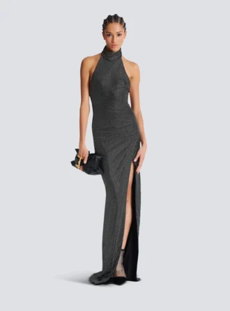 Long velvet halterneck dress with rhinestones