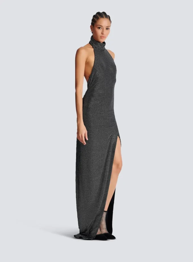 Long velvet halterneck dress with rhinestones Long velvet halterneck dress with rhinestones
