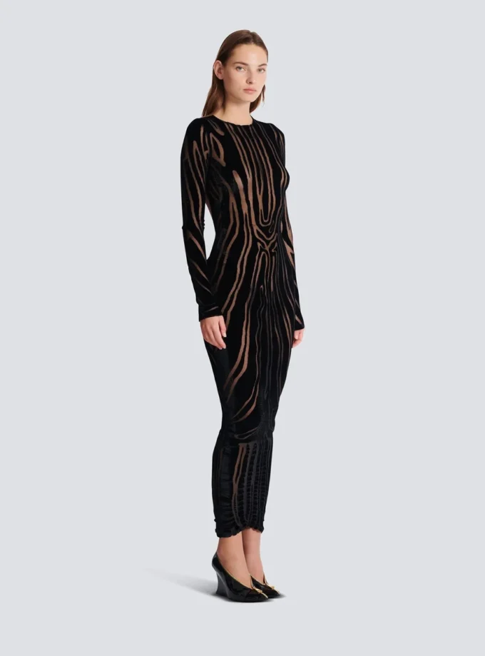 Long zebra-print velvet dress