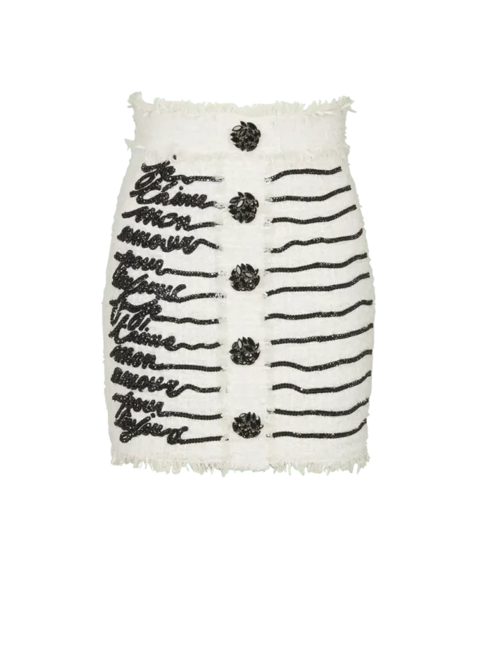 Love letter embroidered tweed skirt