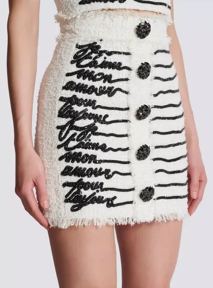 Love letter embroidered tweed skirt