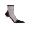 Mesh heeled ankle boots with velvet and rhinestones
