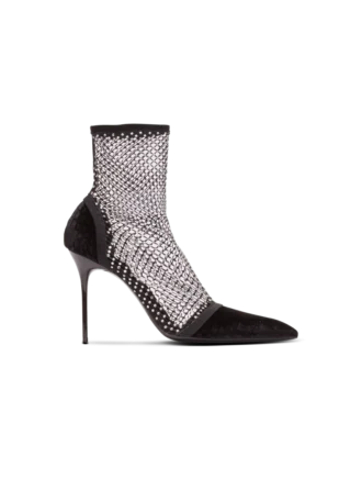 Mesh heeled ankle boots with velvet and rhinestones
