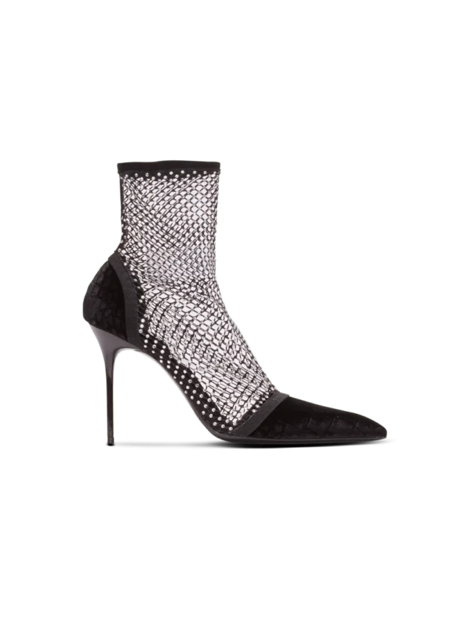 Mesh heeled ankle boots with velvet and rhinestones