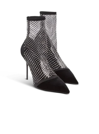 Mesh heeled ankle boots with velvet and rhinestones