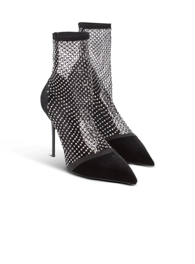 Mesh heeled ankle boots with velvet and rhinestones