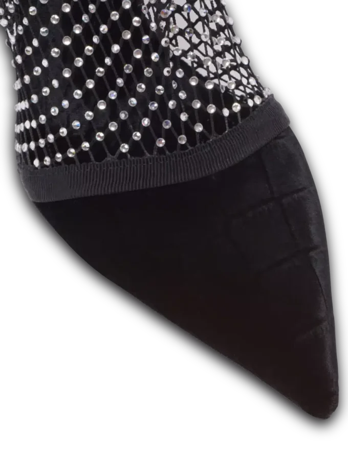 Mesh heeled ankle boots with velvet and rhinestones