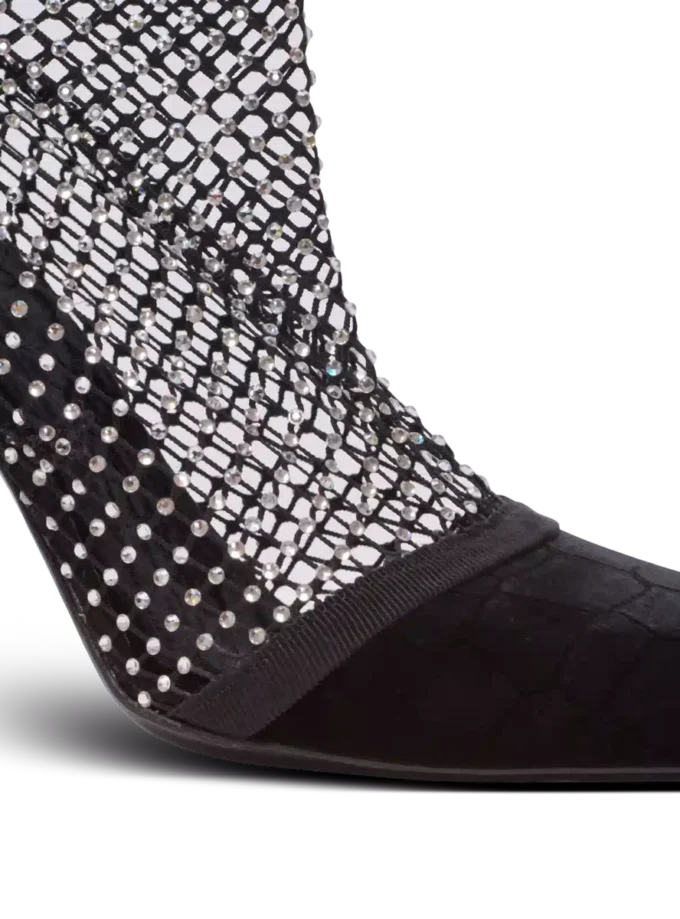 Mesh heeled ankle boots with velvet and rhinestones
