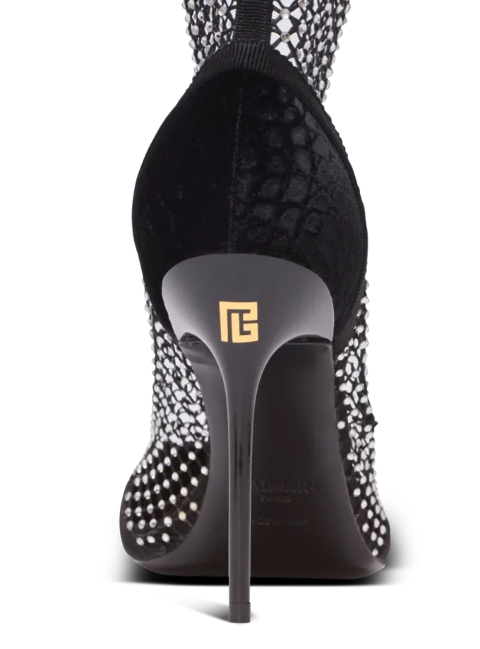 Mesh heeled ankle boots with velvet and rhinestones