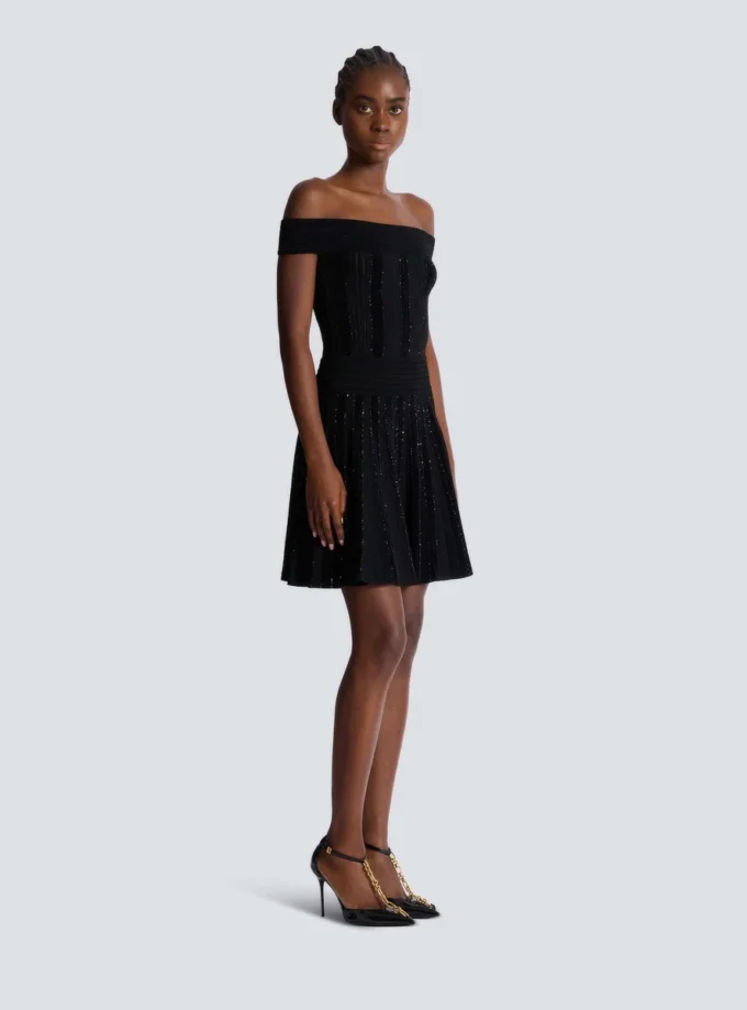 Off-the-shoulder glitter knit dress