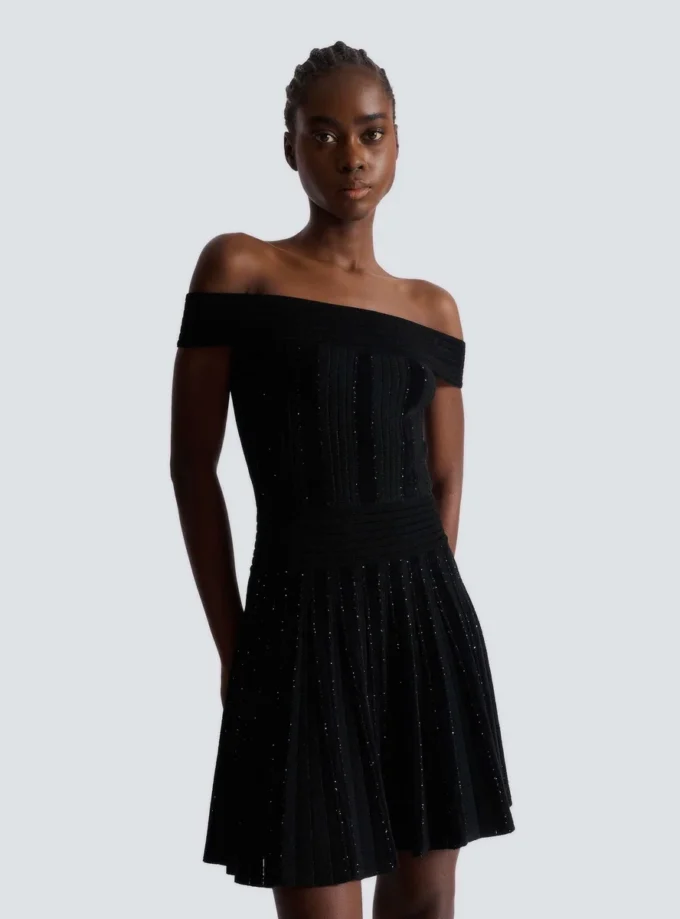 Off-the-shoulder glitter knit dress