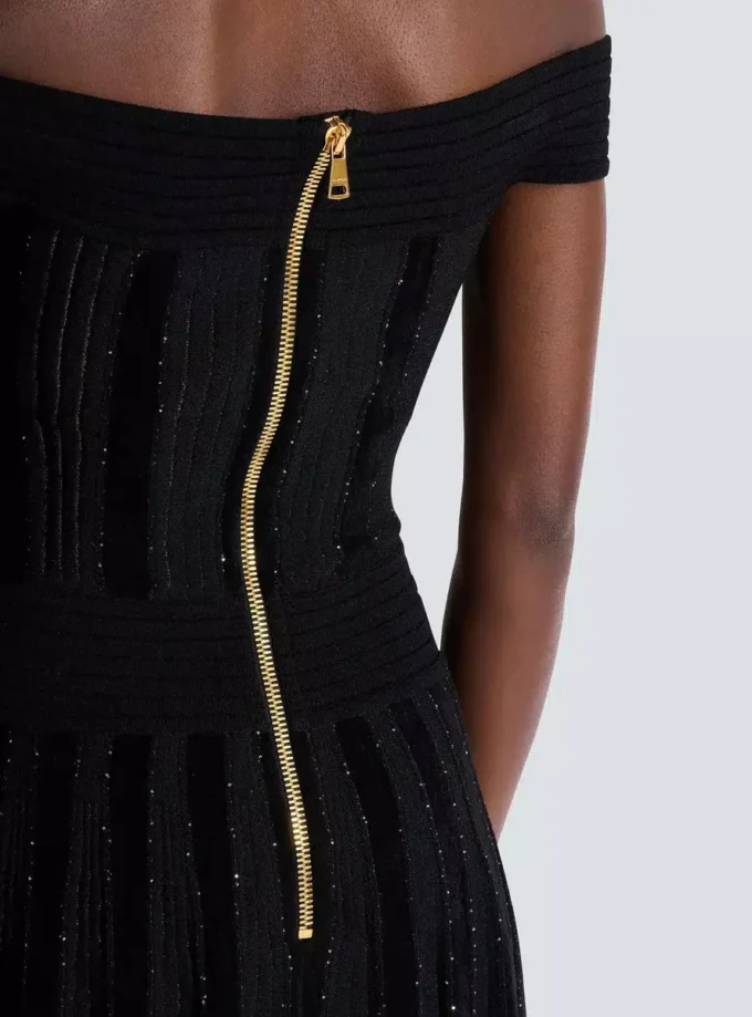Off-the-shoulder glitter knit dress