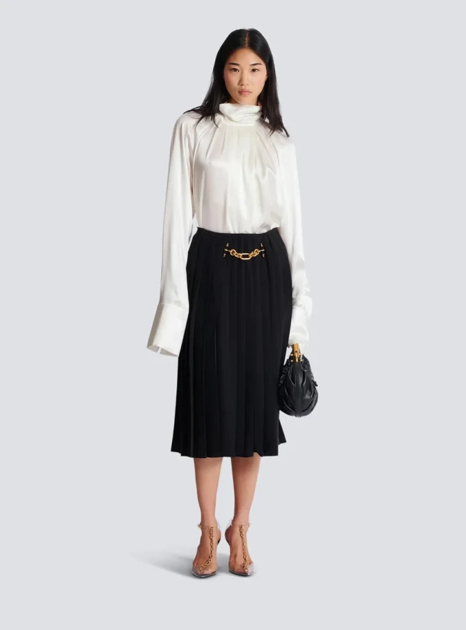 Pleated silk midi skirt with embellished detail