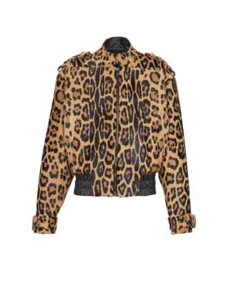 Ponyskin-style leather bomber jacket with leopard pattern