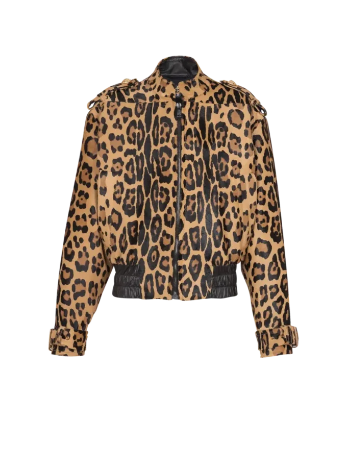 Ponyskin-style leather bomber jacket with leopard pattern Ponyskin-style leather bomber jacket with leopard pattern