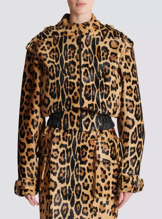 Ponyskin-style leather bomber jacket with leopard pattern Ponyskin-style leather bomber jacket with leopard pattern