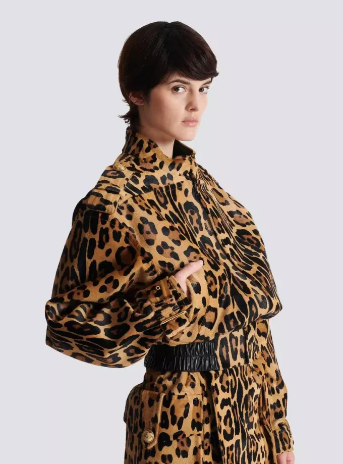 Ponyskin-style leather bomber jacket with leopard pattern Ponyskin-style leather bomber jacket with leopard pattern