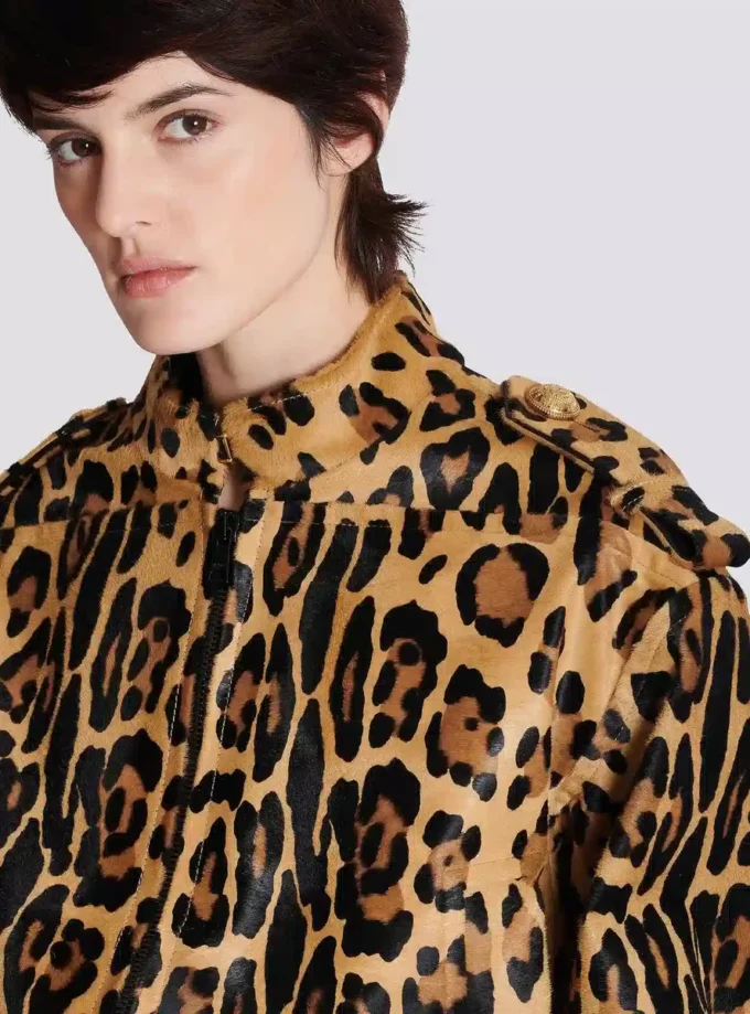 Ponyskin-style leather bomber jacket with leopard pattern Ponyskin-style leather bomber jacket with leopard pattern