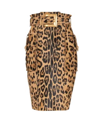 Ponyskin-style leather midi skirt with leopard pattern