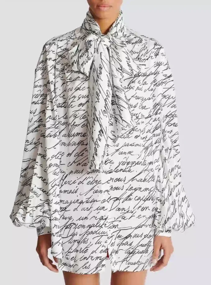Pussy-bow shirt with “Love Letter” print Pussy-bow shirt with “Love Letter” print