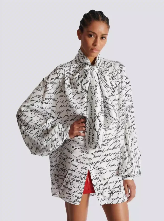 Pussy-bow shirt with “Love Letter” print Pussy-bow shirt with “Love Letter” print