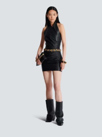 Short draped leather halterneck dress