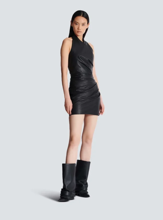 Short draped leather halterneck dress Short draped leather halterneck dress