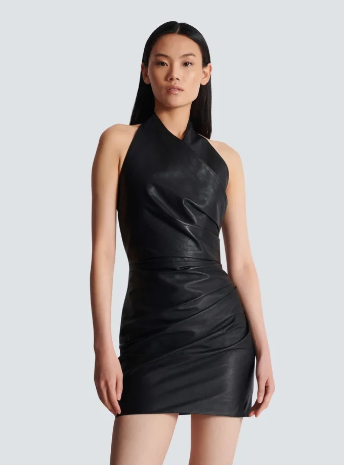 Short draped leather halterneck dress Short draped leather halterneck dress