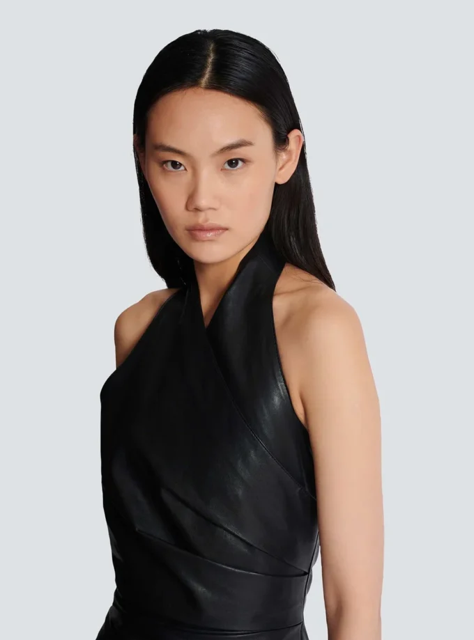 Short draped leather halterneck dress Short draped leather halterneck dress