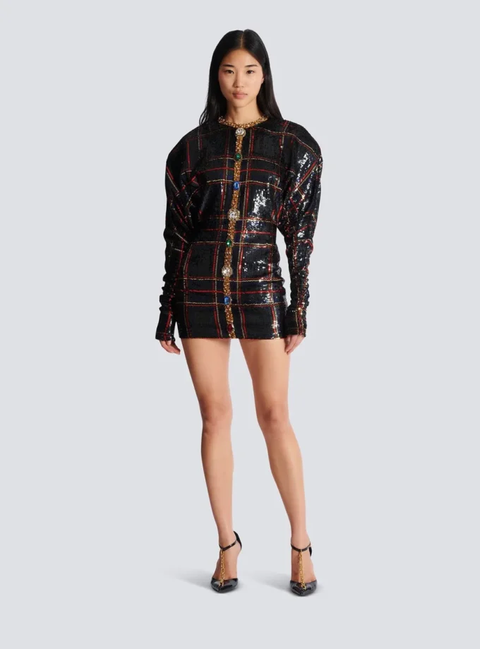 Short embroidered plaid dress