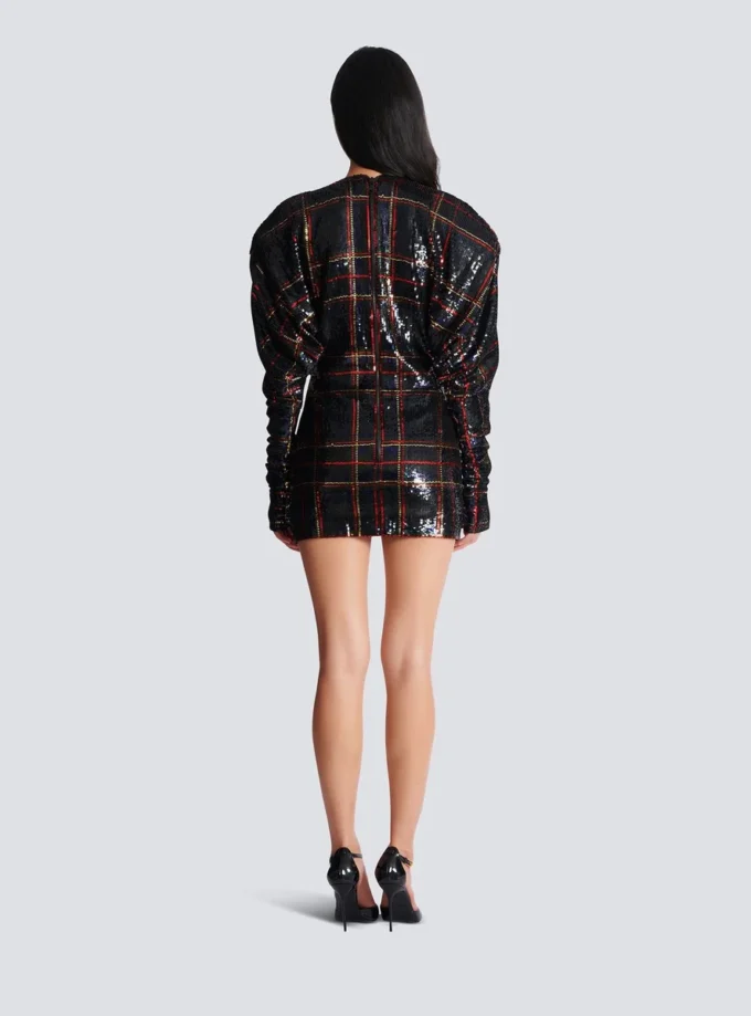 Short embroidered plaid dress