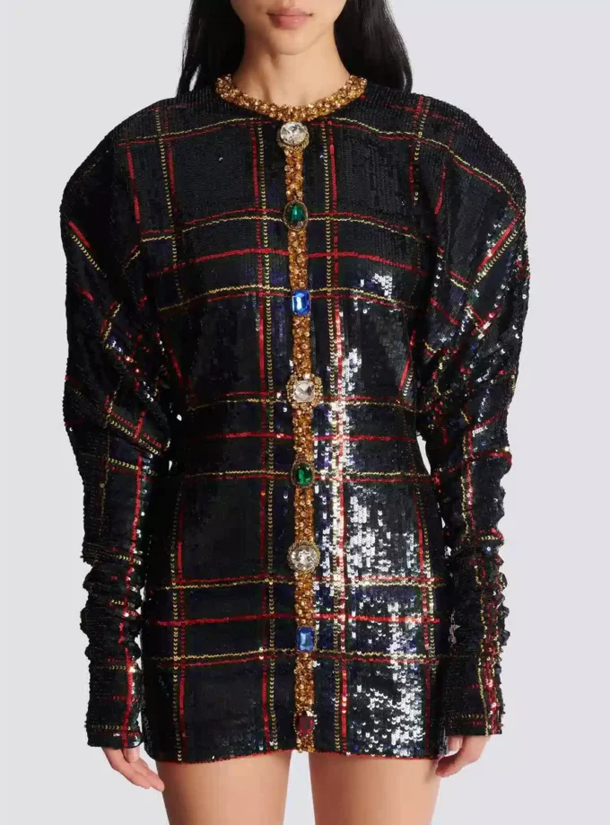Short embroidered plaid dress