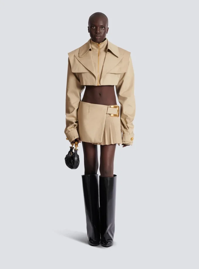 Short gabardine skirt with belt detail